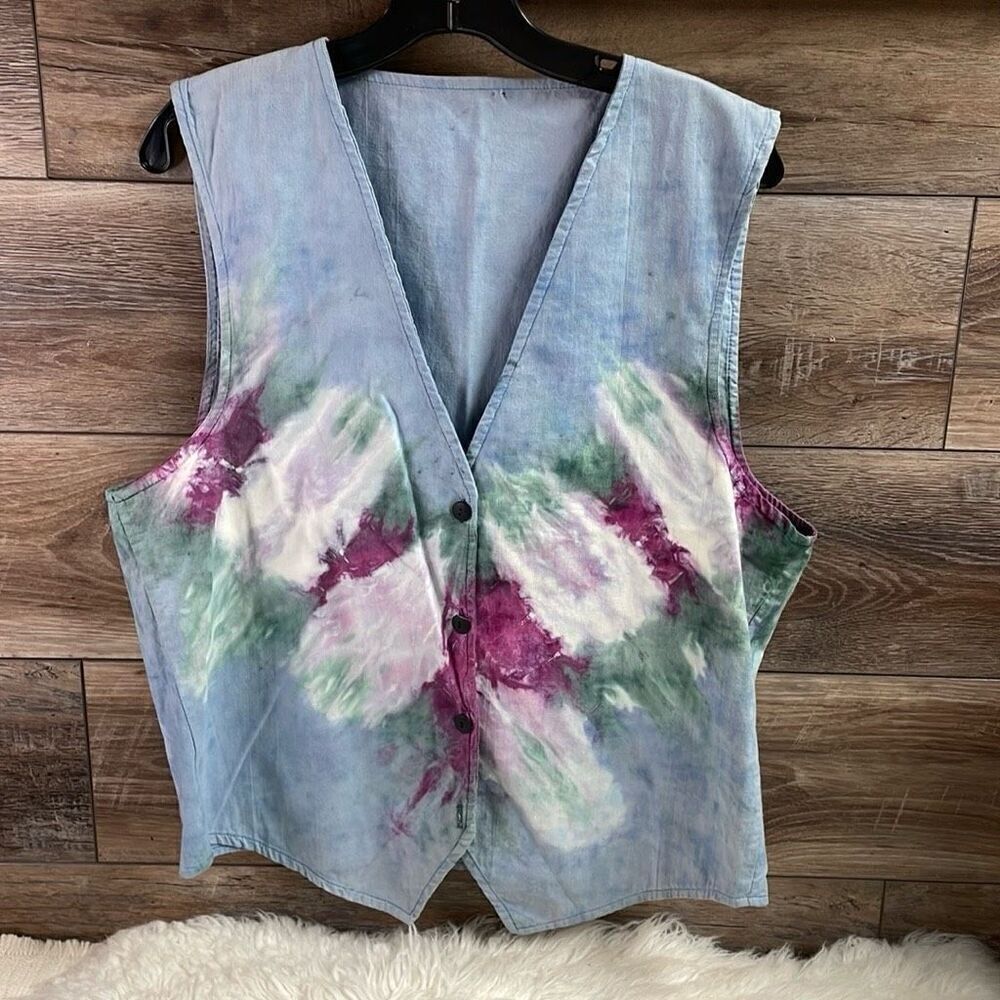 Vintage Tie Dyed Cotton Button Front Single Stitch Blue Vest Size Small Medium - Picture 2 of 7